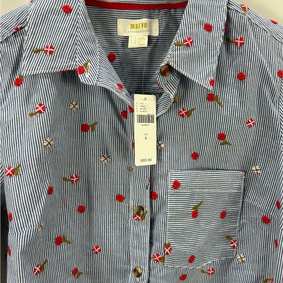 Maeve Anthropologie Embroidered Floral Button Down Shirt Size 6 NWT blue stripe - Picture 14 of 15
